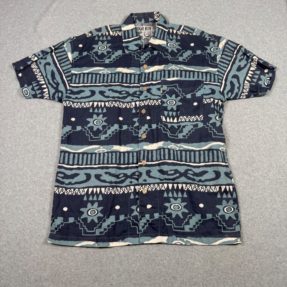 Vintage 90s Bugle Boy Mens Medium Tribal Geometric Ramie Cotton Button Up Shirt